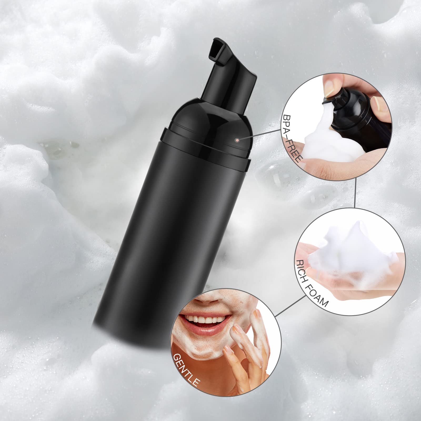 Tekson 30Pcs Soap Foam Bottle (2 Oz), Empty Travel Foaming Lash Shampoo For Cleanser, Dispenser (Black Cap)